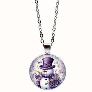 NEW! Holiday Snowman Glass Mosaic Pendant Necklace With Silver Chain. NWOT